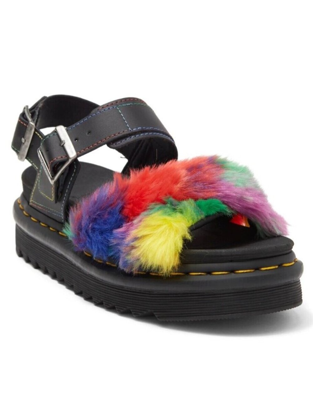 Dr. Martens Womens Voss II Fluffy Faux Fur Leather Platform Sandals Black Size 6